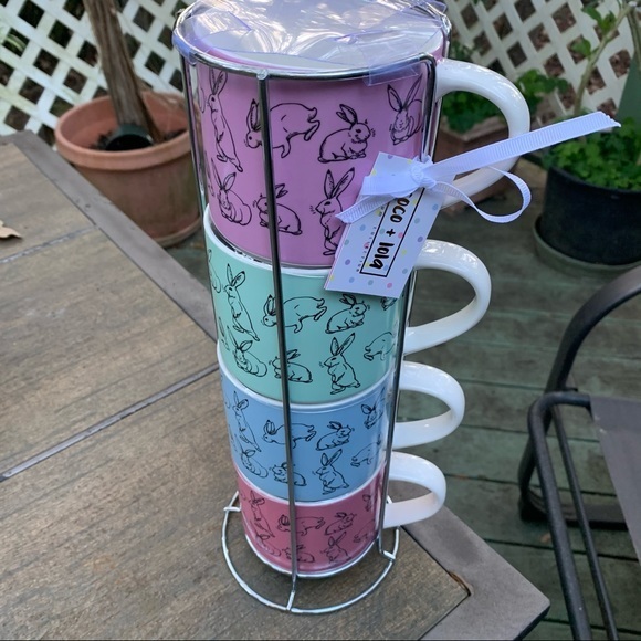 NWT Multicolored Rabbit Stackable 4 Mugs + Holder - Picture 8 of 11
